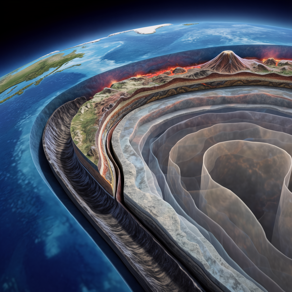 A cross-section showing tectonic plates at a convergent boun