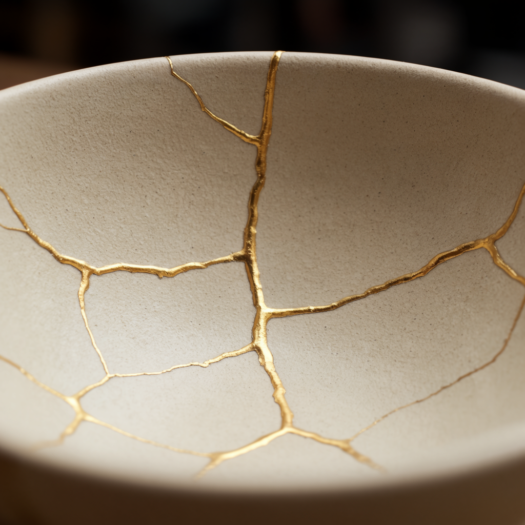 A Japanese kintsugi bowl — cracked ceramic repaired with vis