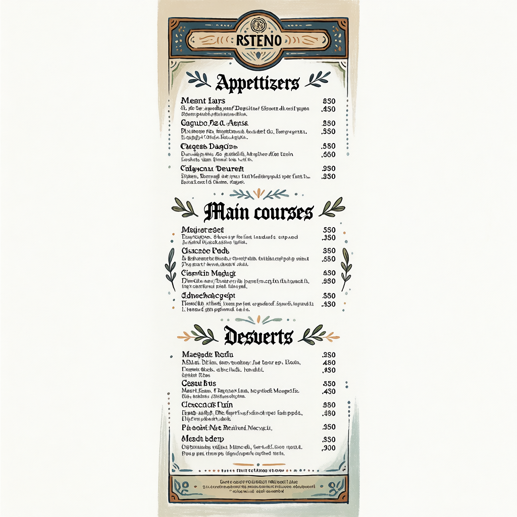 A restaurant menu layout with a logo header, three category 