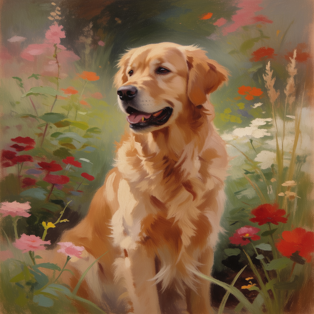 A golden retriever sitting in a garden, painted in the style