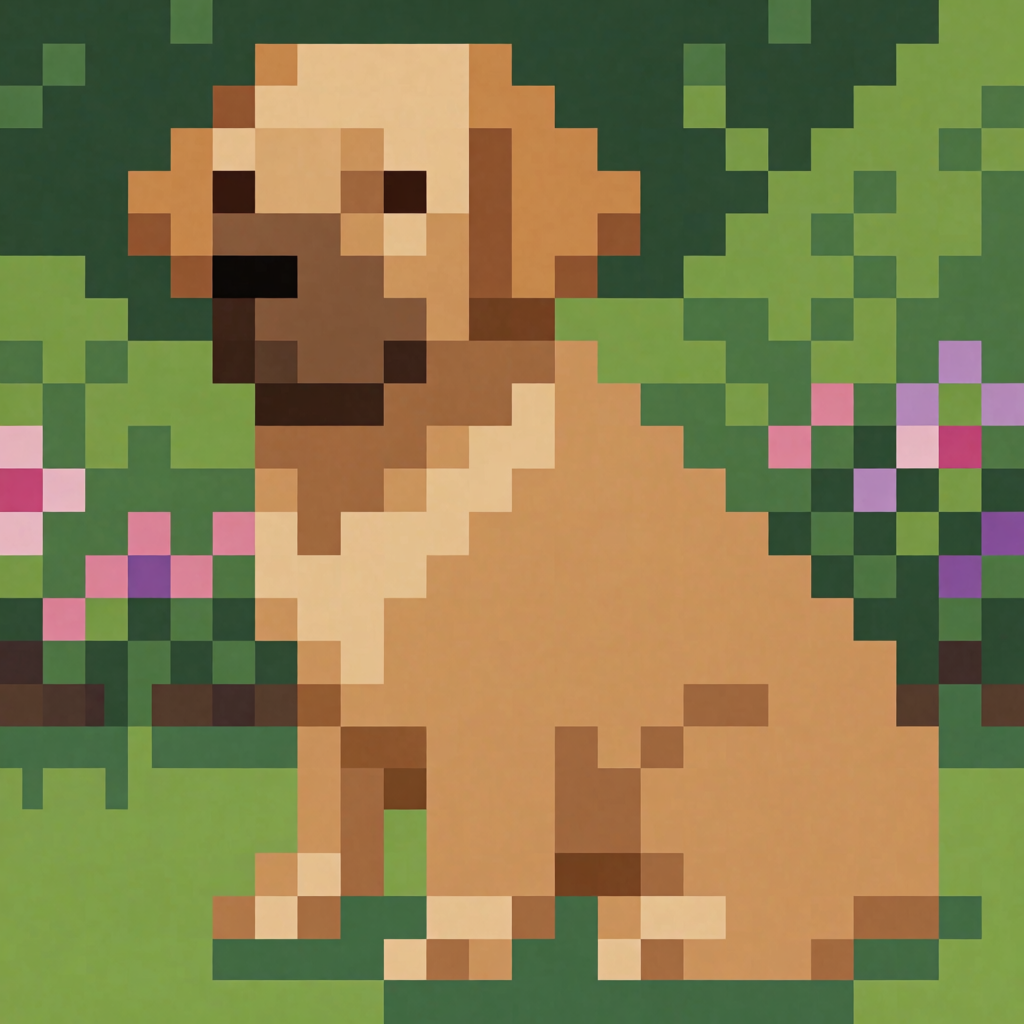 A golden retriever sitting in a garden, rendered in pixel ar