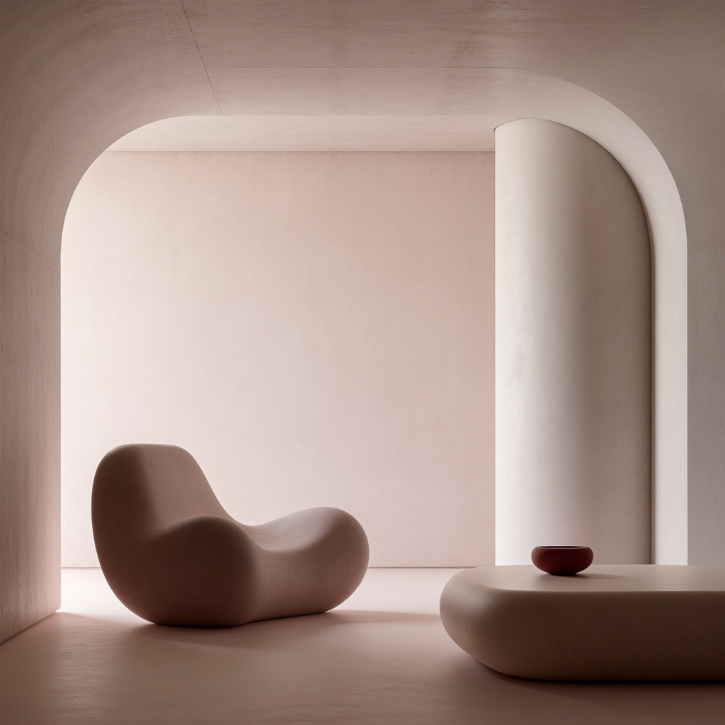 An interior scene rendered in soft brutalism — raw concrete 