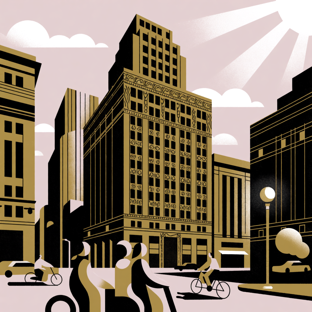 A city street scene in the style of Art Deco — geometric sha