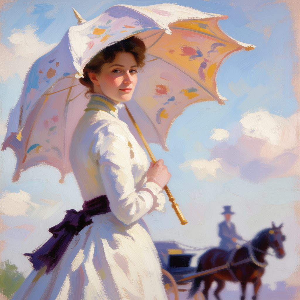 A woman with a parasol in the style of Impressionism — soft 