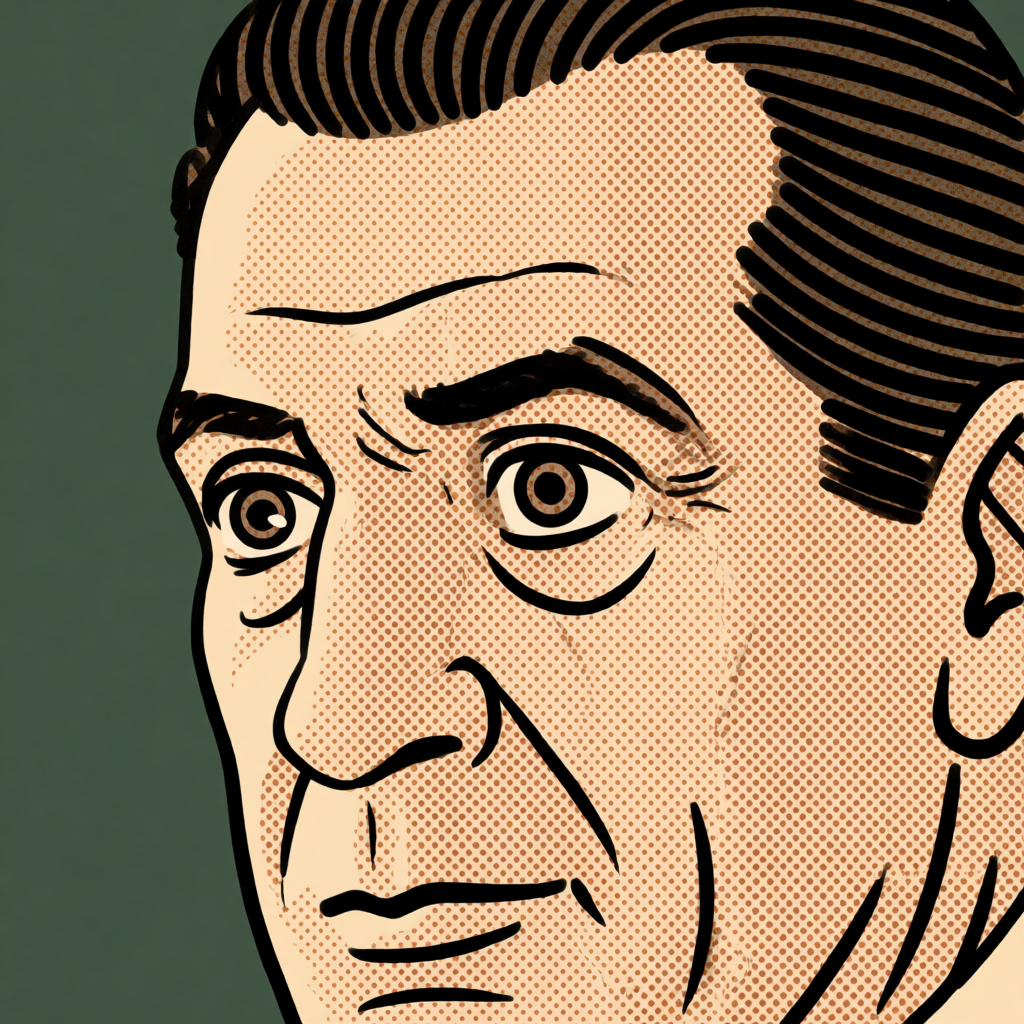 A portrait of a man in Pop Art style — bold outlines, Ben-Da