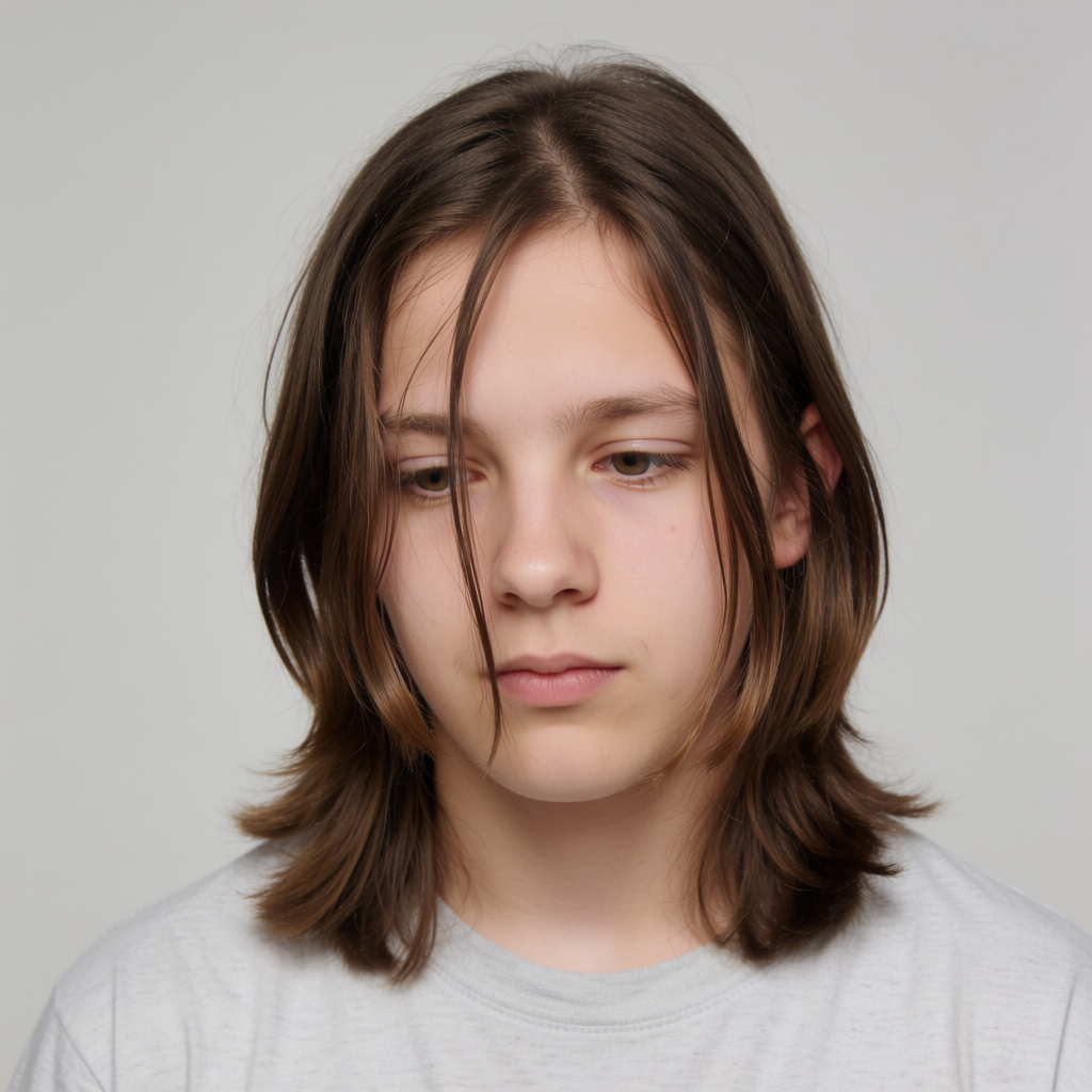 A headshot of a teenager with a relaxed, neutral face