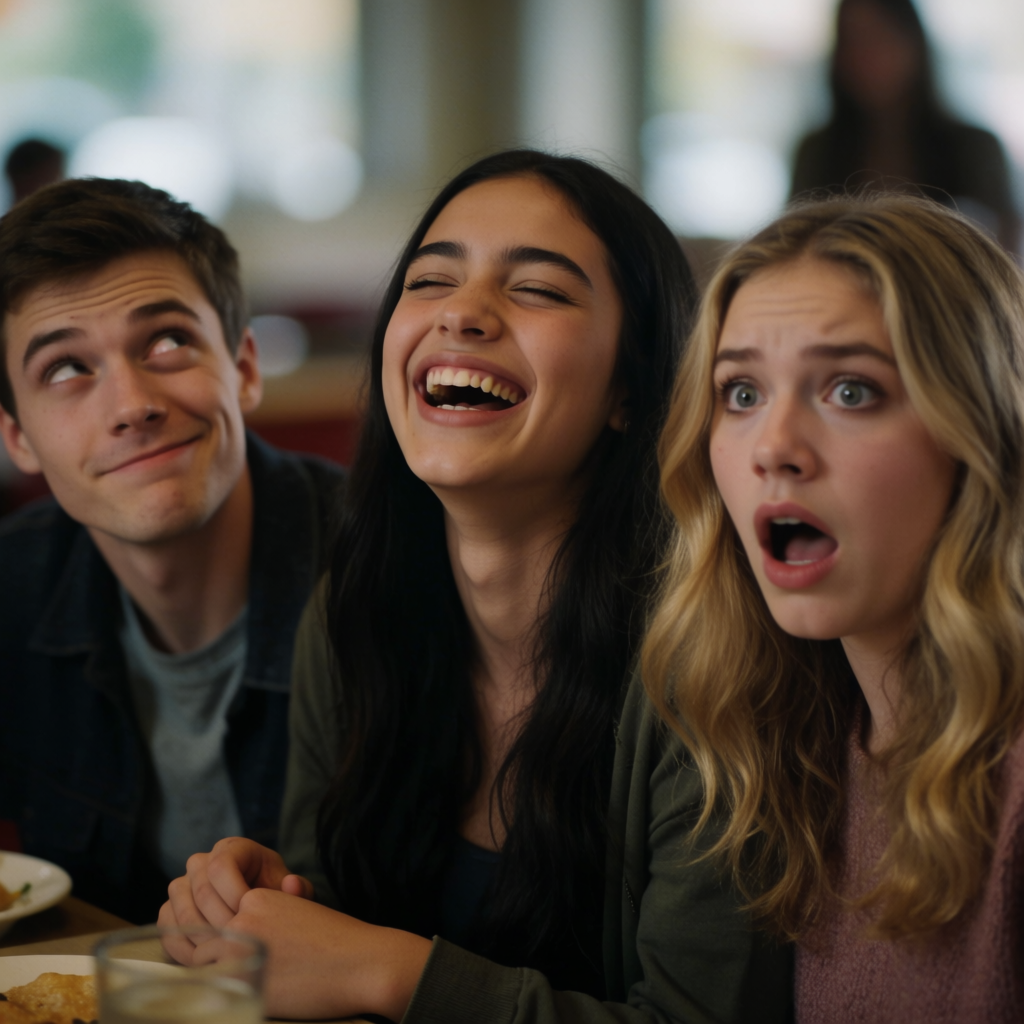 A group of three friends at a table: one laughing with head 