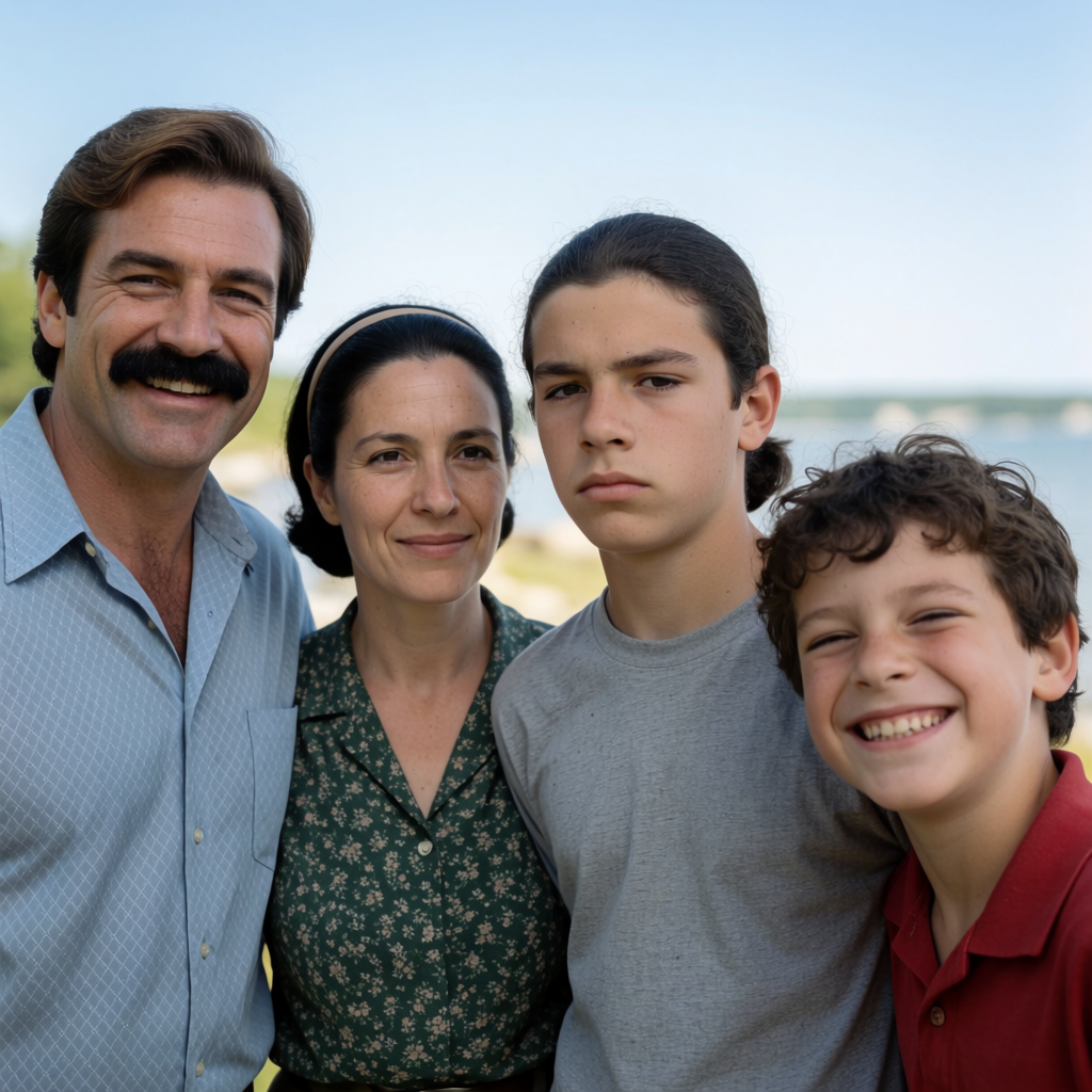 A family photo with four people: a father beaming with pride