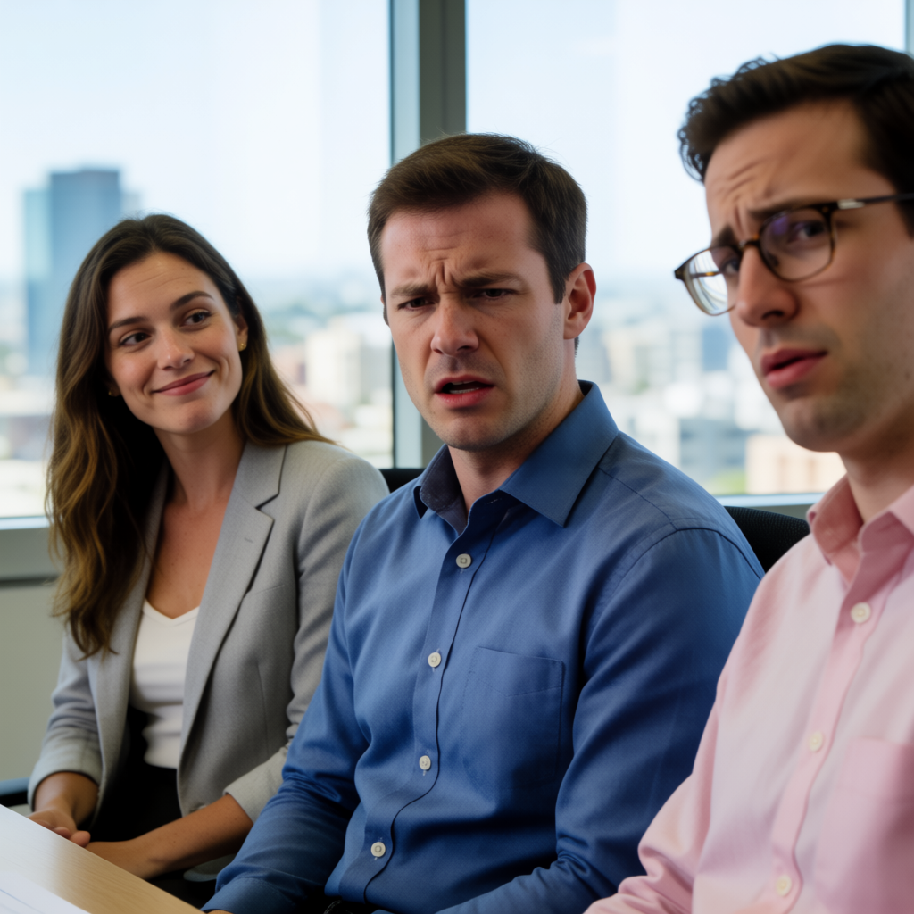 Three coworkers in a meeting: one looking frustrated with fu