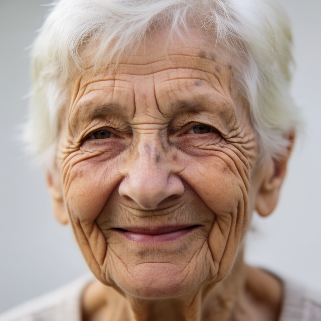 An elderly woman in her 80s with deep wrinkles and white hai