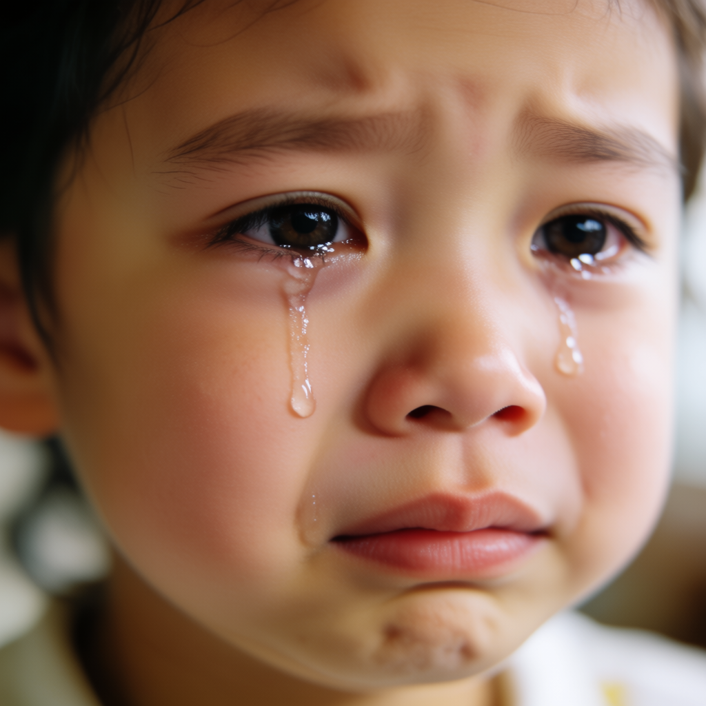 A 5-year-old child with round cheeks and large eyes, crying 