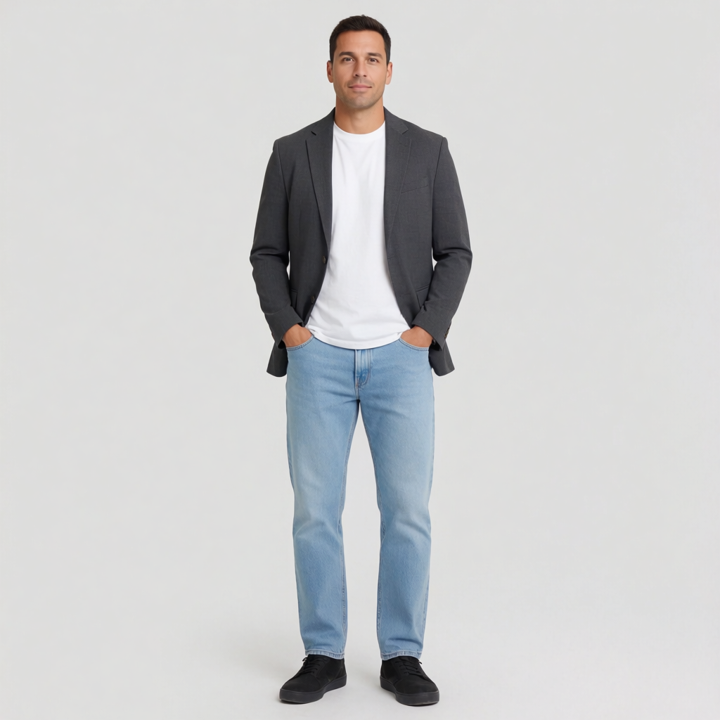A man standing straight facing the camera, hands in pockets,