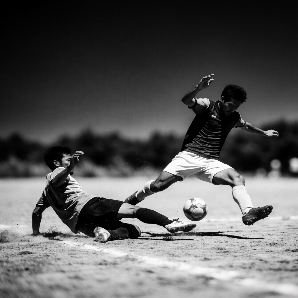Two soccer players mid-tackle, one sliding and the other jum
