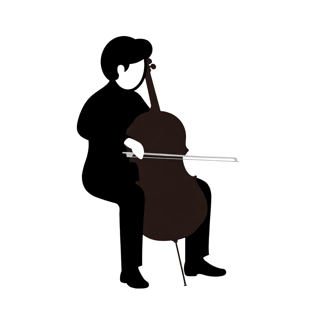 A cellist seated with correct posture, legs around the instr