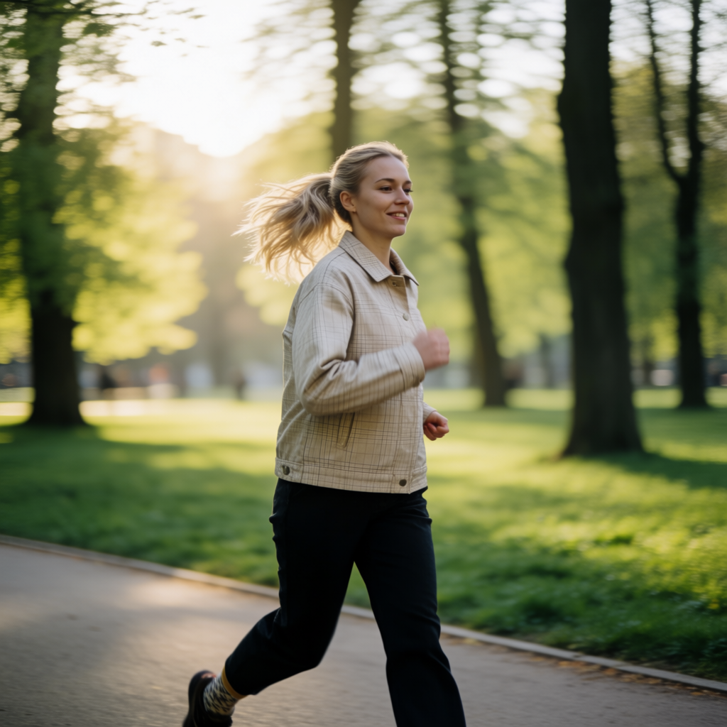 A woman mid-stride running through a park, hair and clothes 