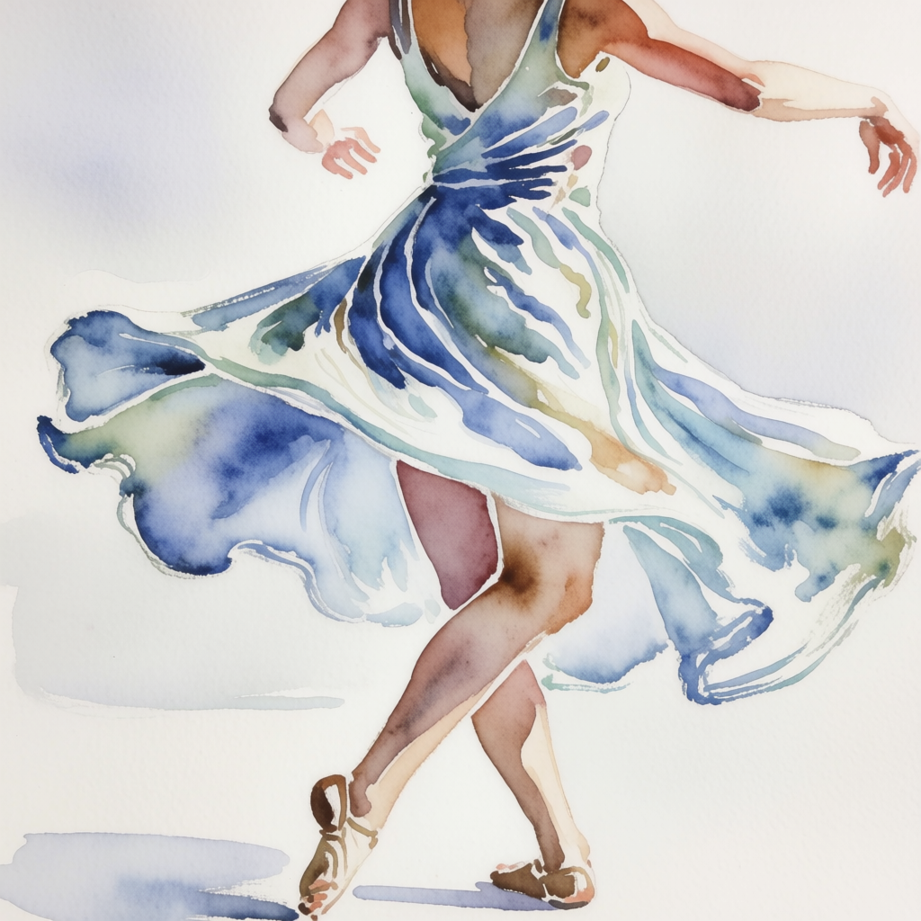 A dancer in a dynamic spin, dress flowing outward with one l