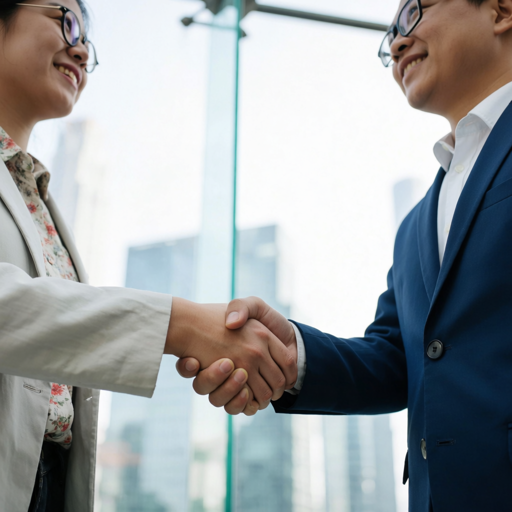 Two people shaking hands in a professional setting, all fing