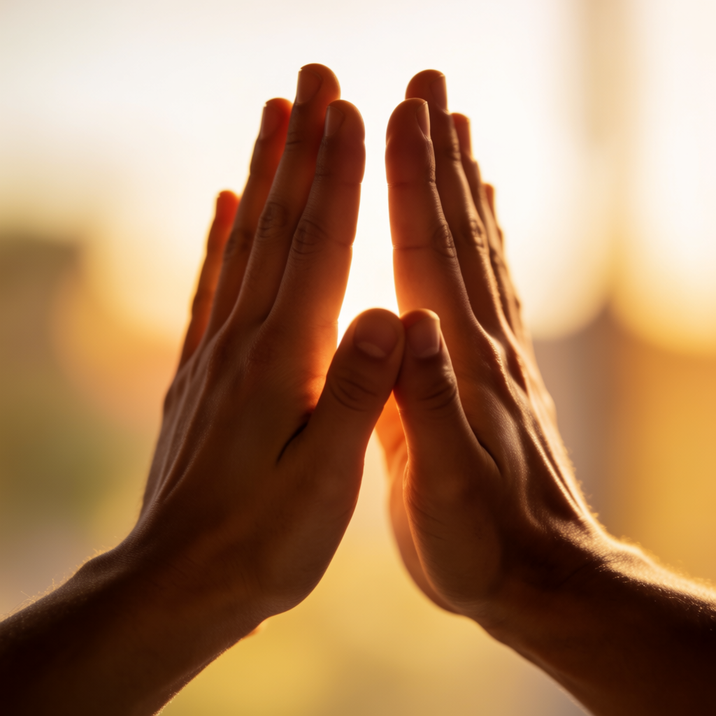 Two people doing a high-five, palms meeting with all fingers