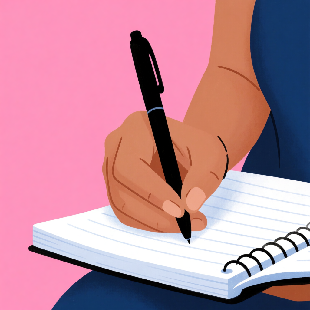 A woman writing in a notebook with a pen gripped correctly i