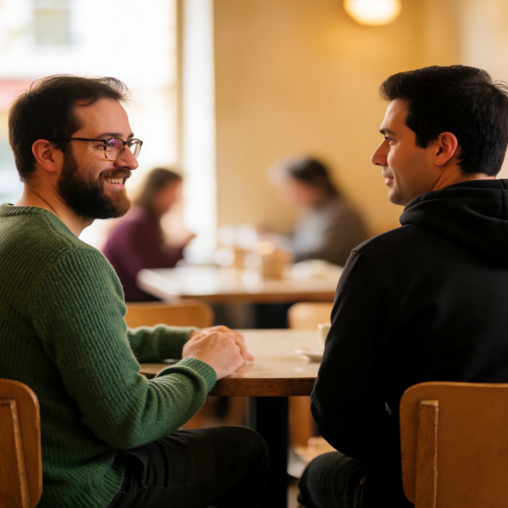 Two men at a cafe: one with a beard and glasses wearing a gr
