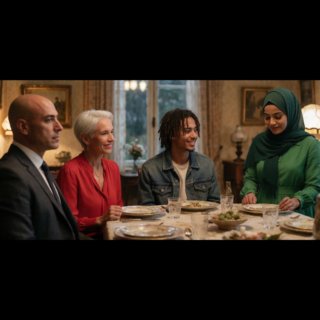 Four people at a dinner table: a bald man in a suit, a woman