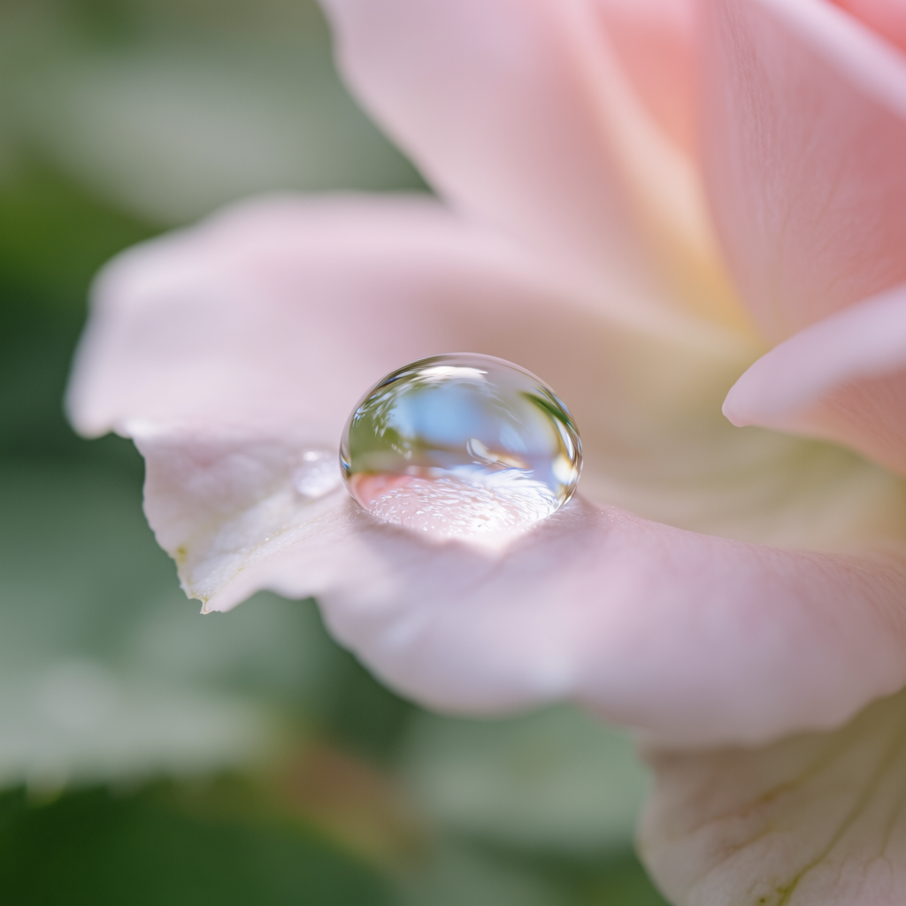 A close-up macro shot of a single dewdrop on a rose petal, s