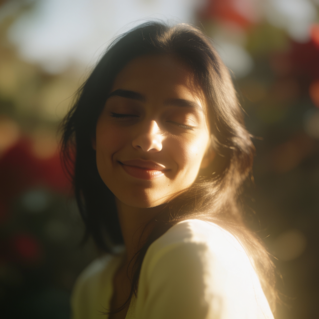 A portrait shot at 85mm f/1.4 with creamy bokeh background, 