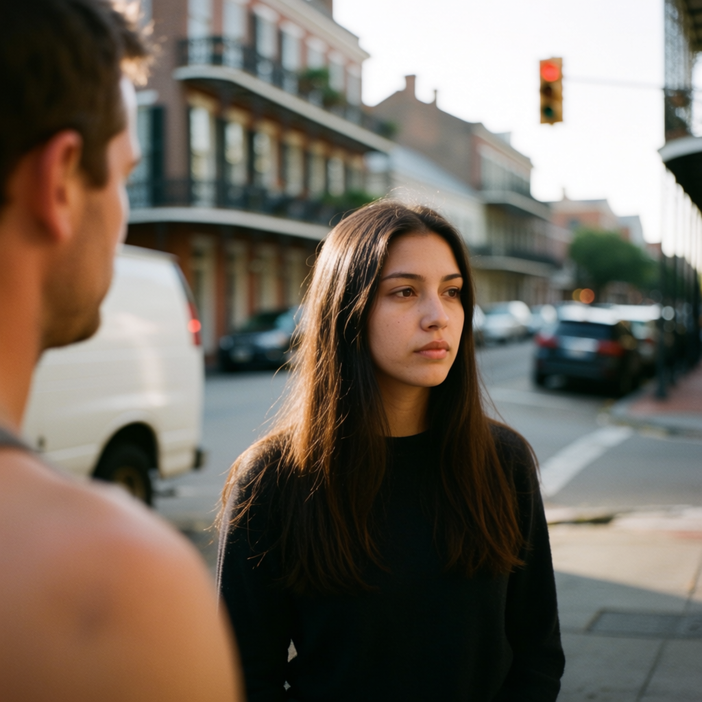 A street photograph with shallow depth of field as if shot a