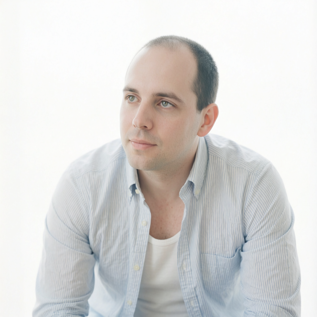 A high-key portrait of a person against a bright white backg