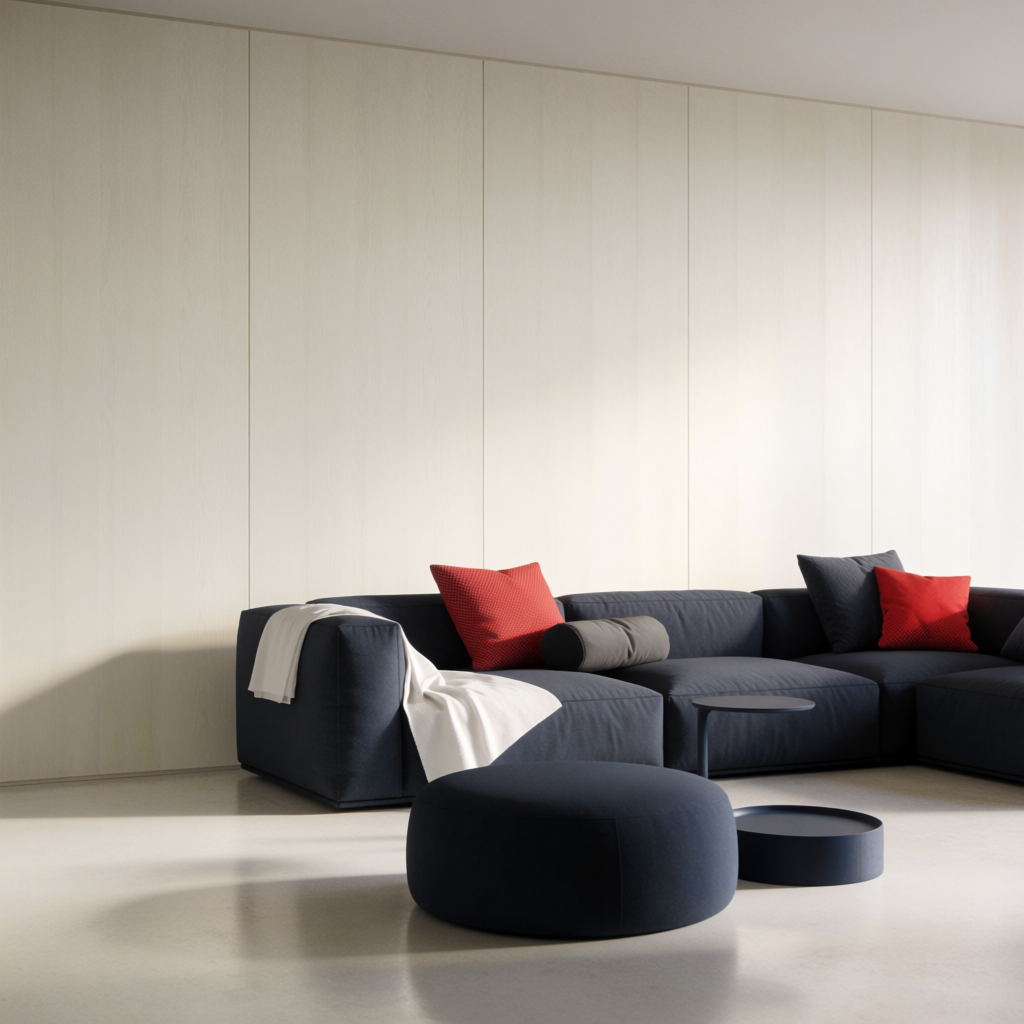 A minimalist room with walls in #F5E6CC (warm cream), a sofa