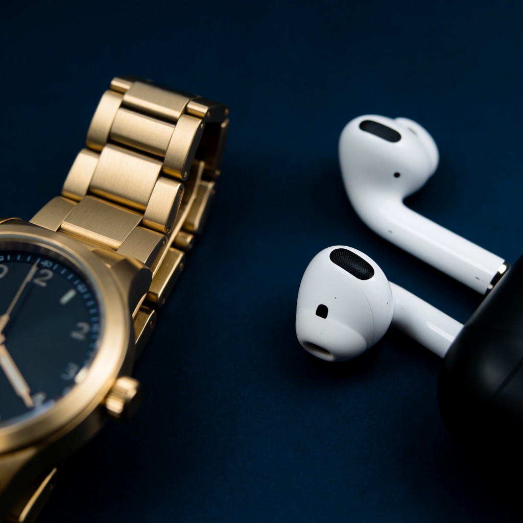 A product flat-lay on a #1A1A2E (deep dark blue) background,