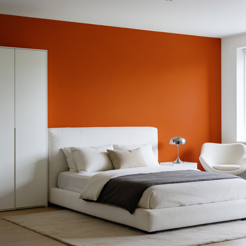 A bedroom wall painted in #FF6B35 (burnt orange) with white 