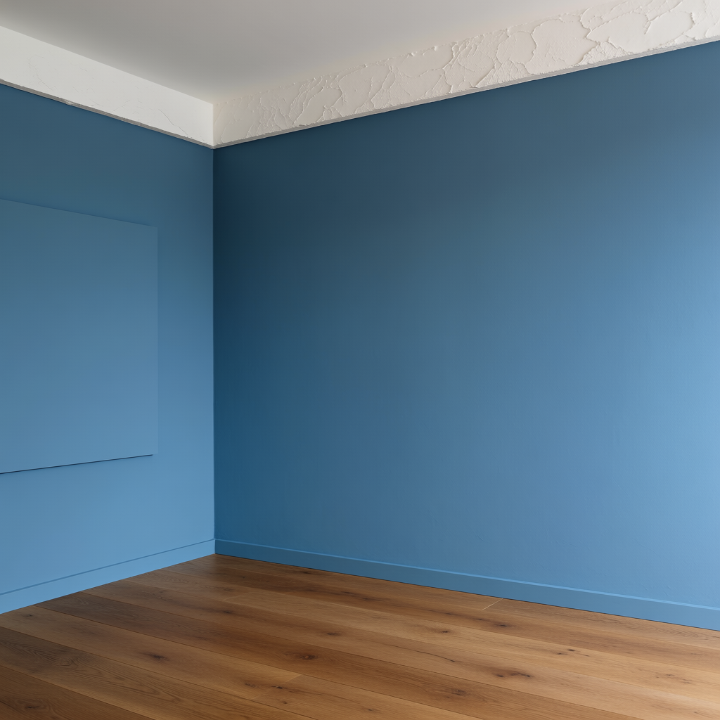 A room with walls in #4A90D9 (medium blue) with warm wooden 