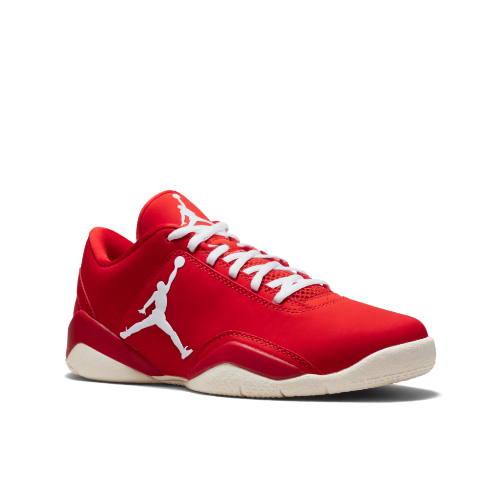 A single red sneaker on a clean white background with soft s
