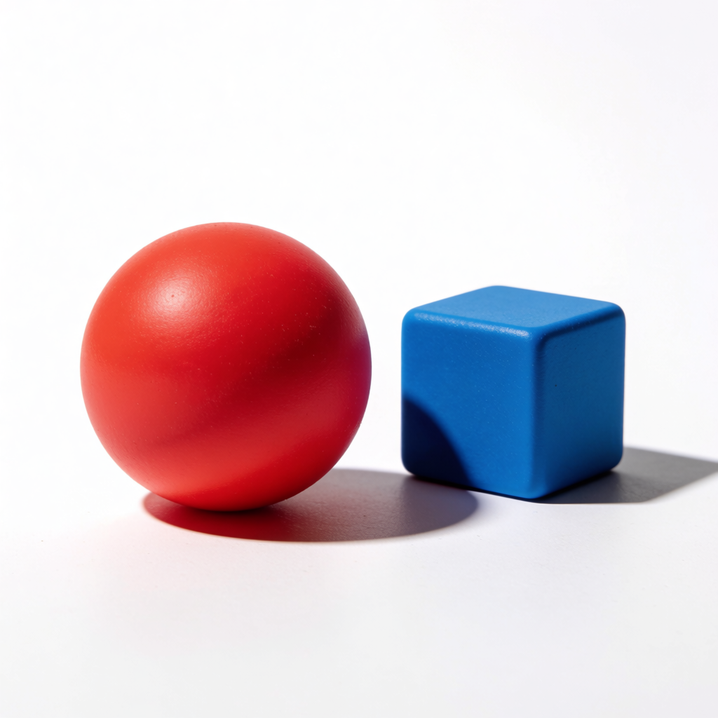 A red ball and a blue cube sitting side by side on a white s