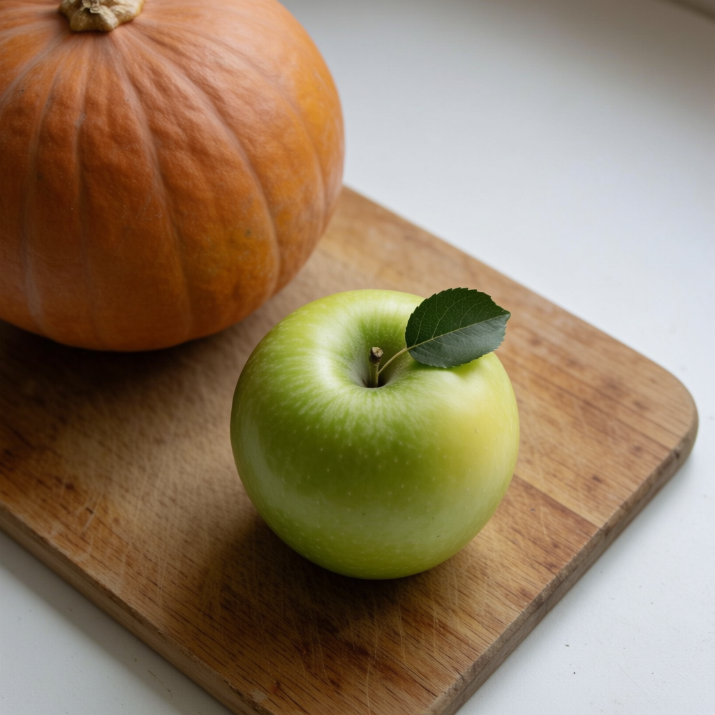 A green apple and an orange pumpkin on a wooden cutting boar