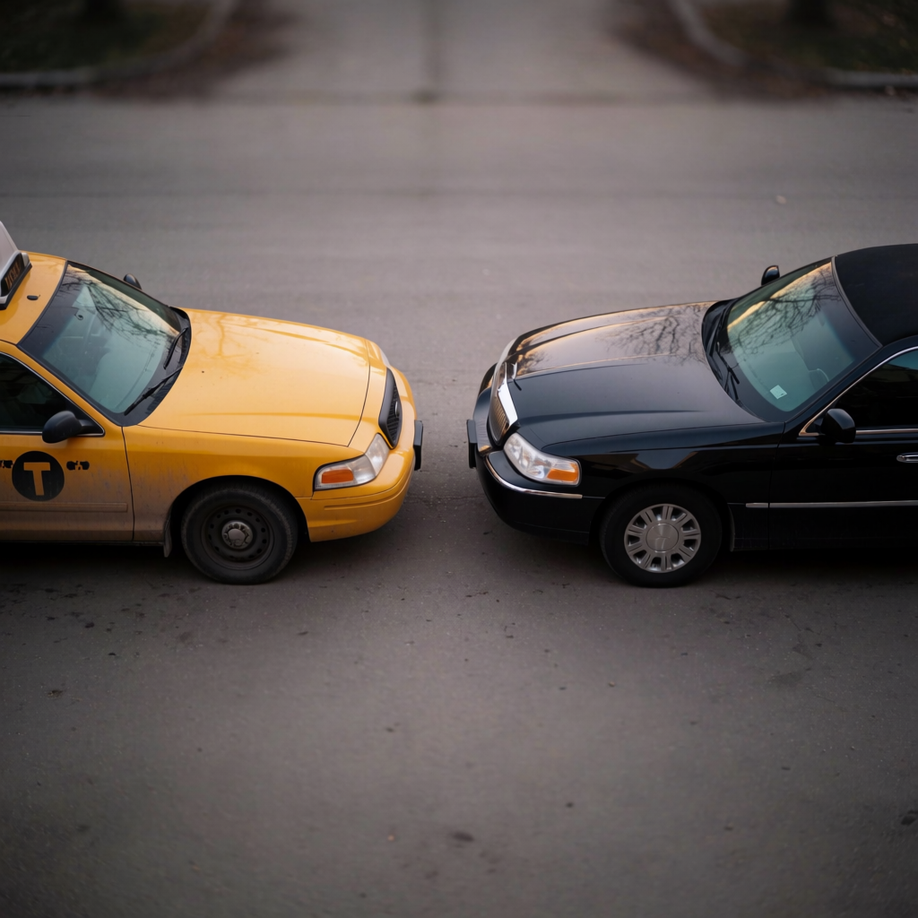 A yellow taxi and a black limousine parked next to each othe