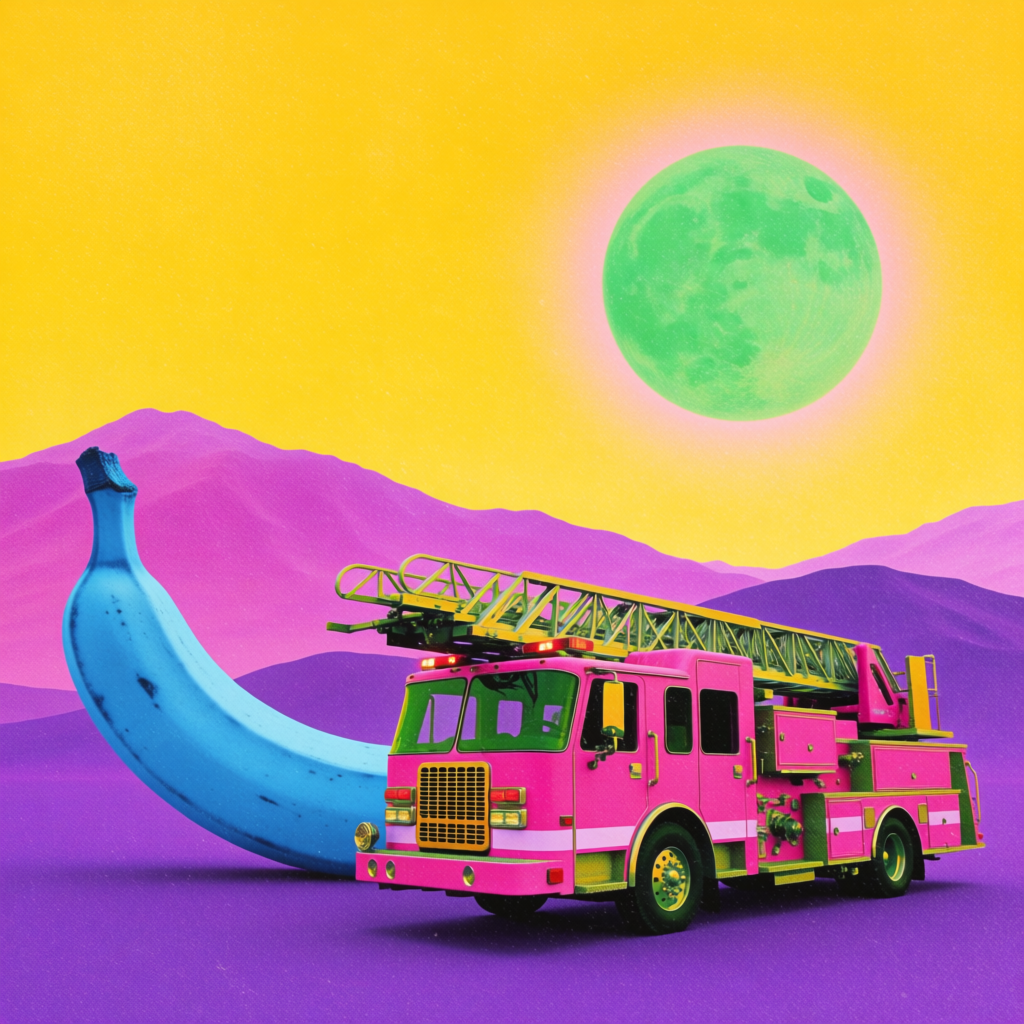 A pink fire truck, a blue banana, and a green sun in a surre