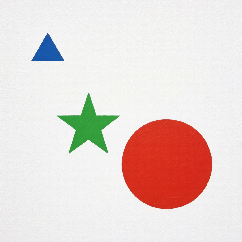A large red circle, a small blue triangle, and a medium gree