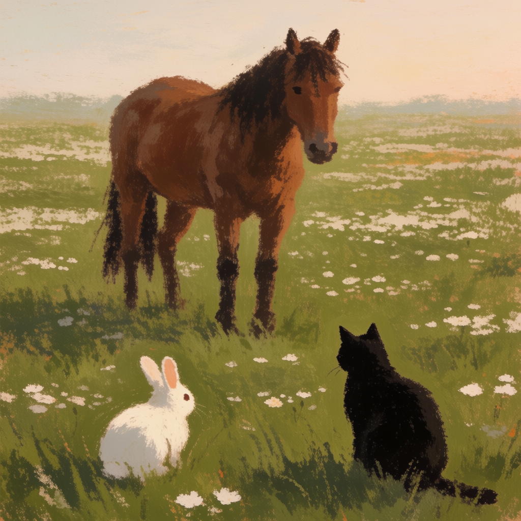 A big brown horse, a small white rabbit, and a medium-sized 