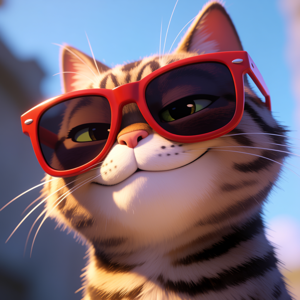 A tabby cat wearing oversized red sunglasses