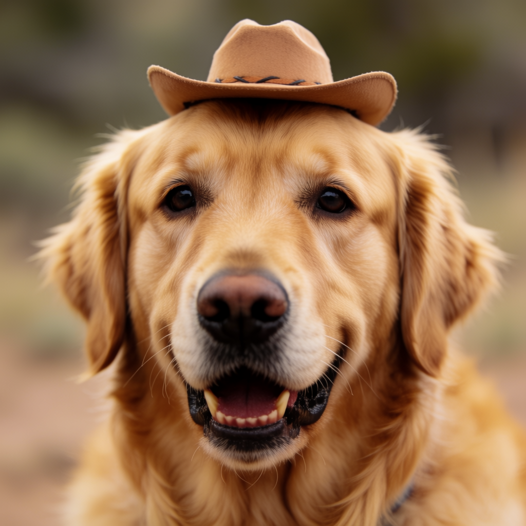 A golden retriever wearing a tiny cowboy hat