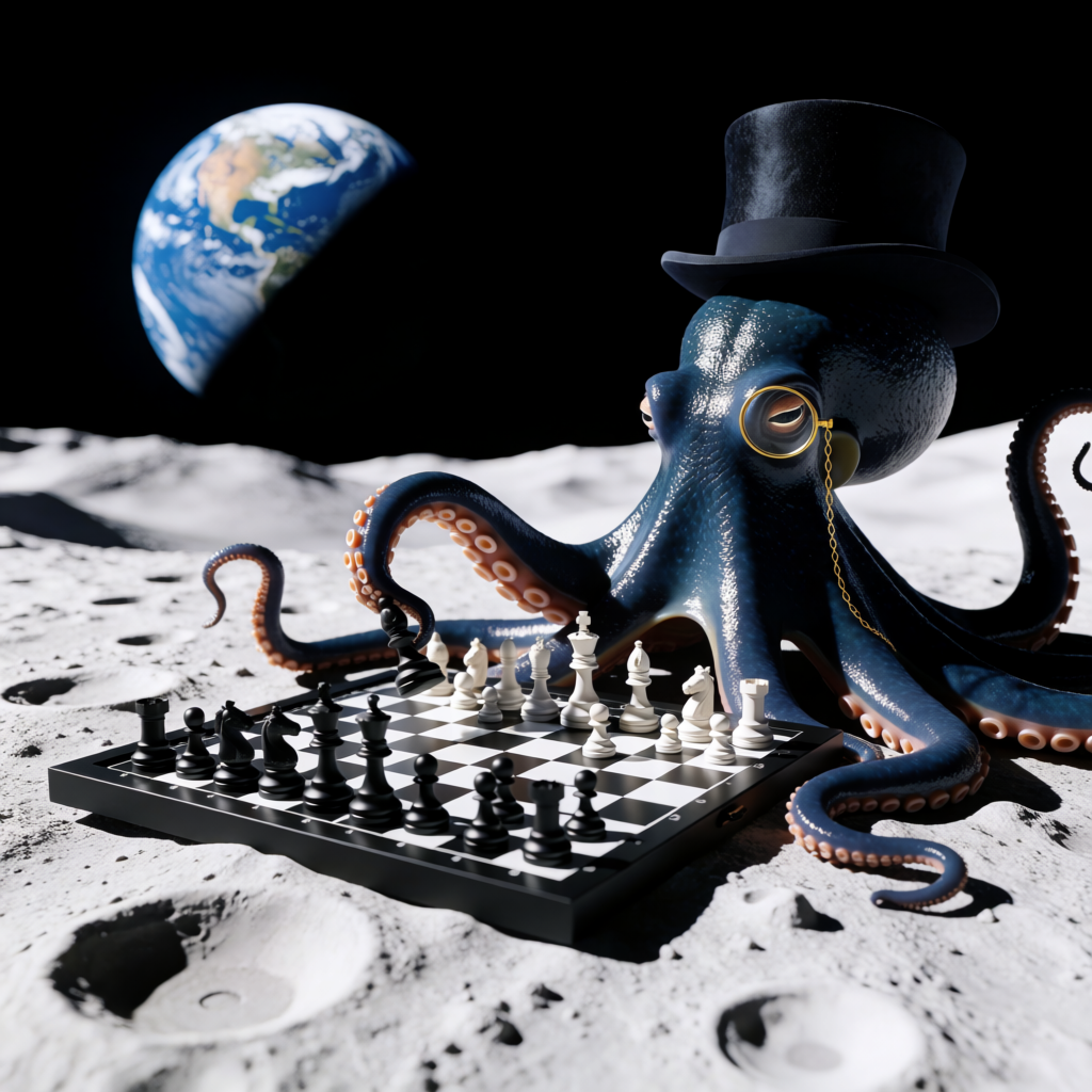 An octopus wearing a top hat and monocle playing chess on th