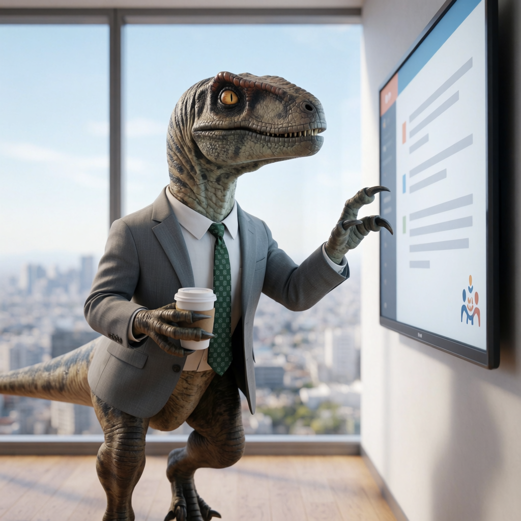 A dinosaur in a business suit giving a PowerPoint presentati