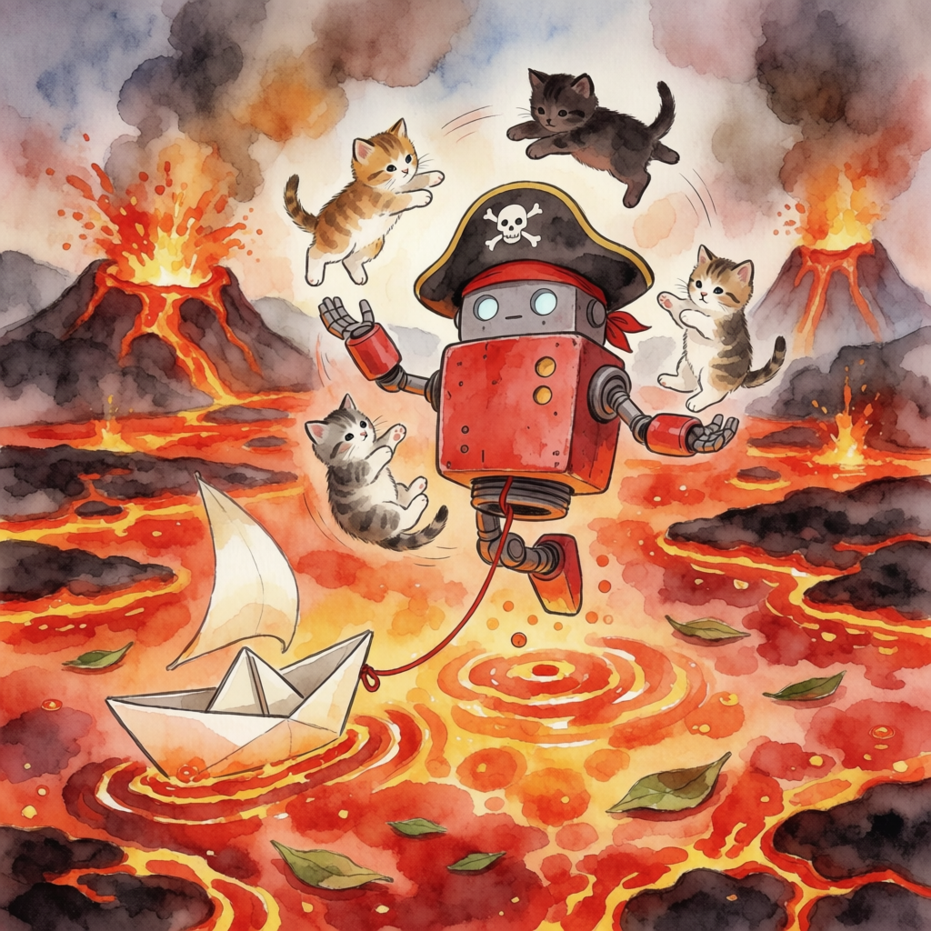 A robot dressed as a pirate sailing a paper boat on a lake o
