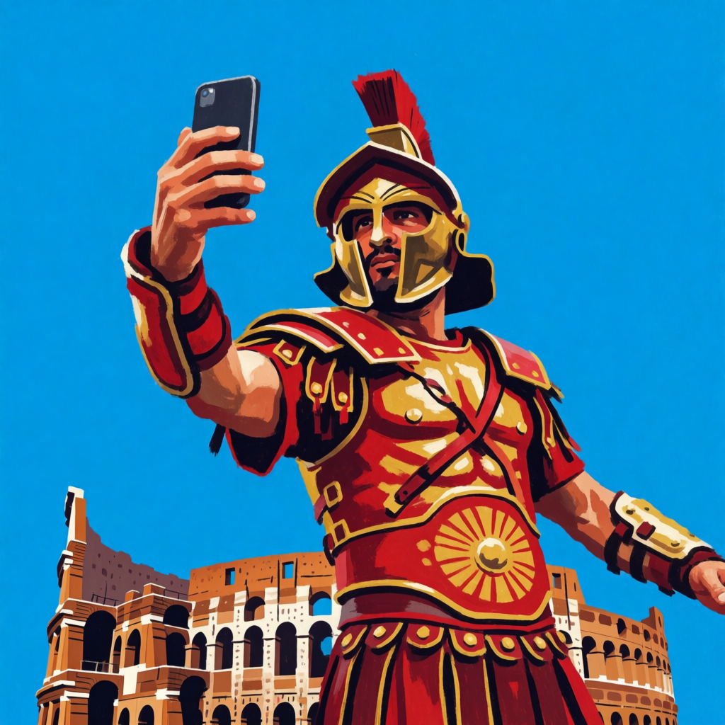 A Roman gladiator taking a selfie with a smartphone in the C