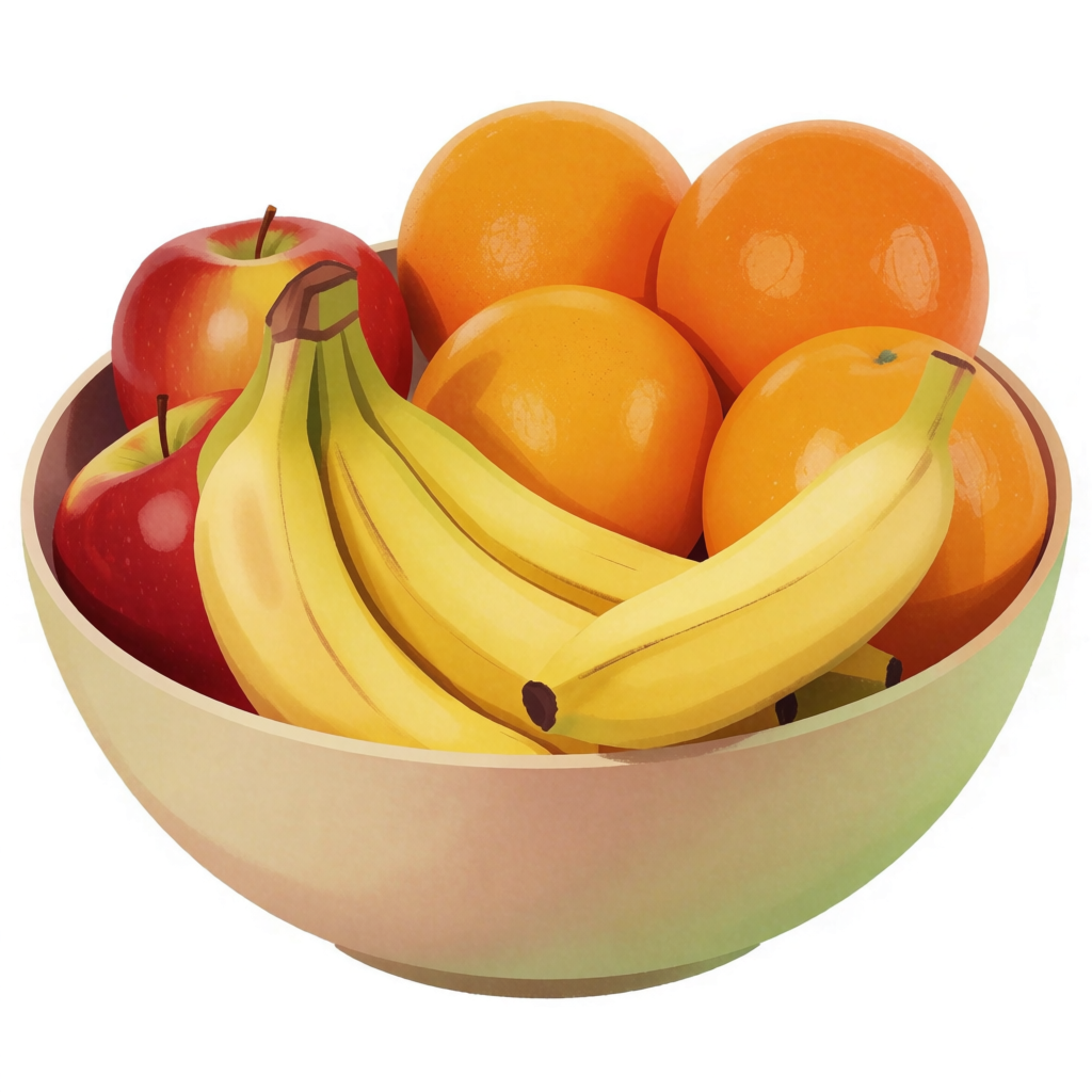 A fruit bowl containing exactly 3 bananas, 4 oranges, and 2 