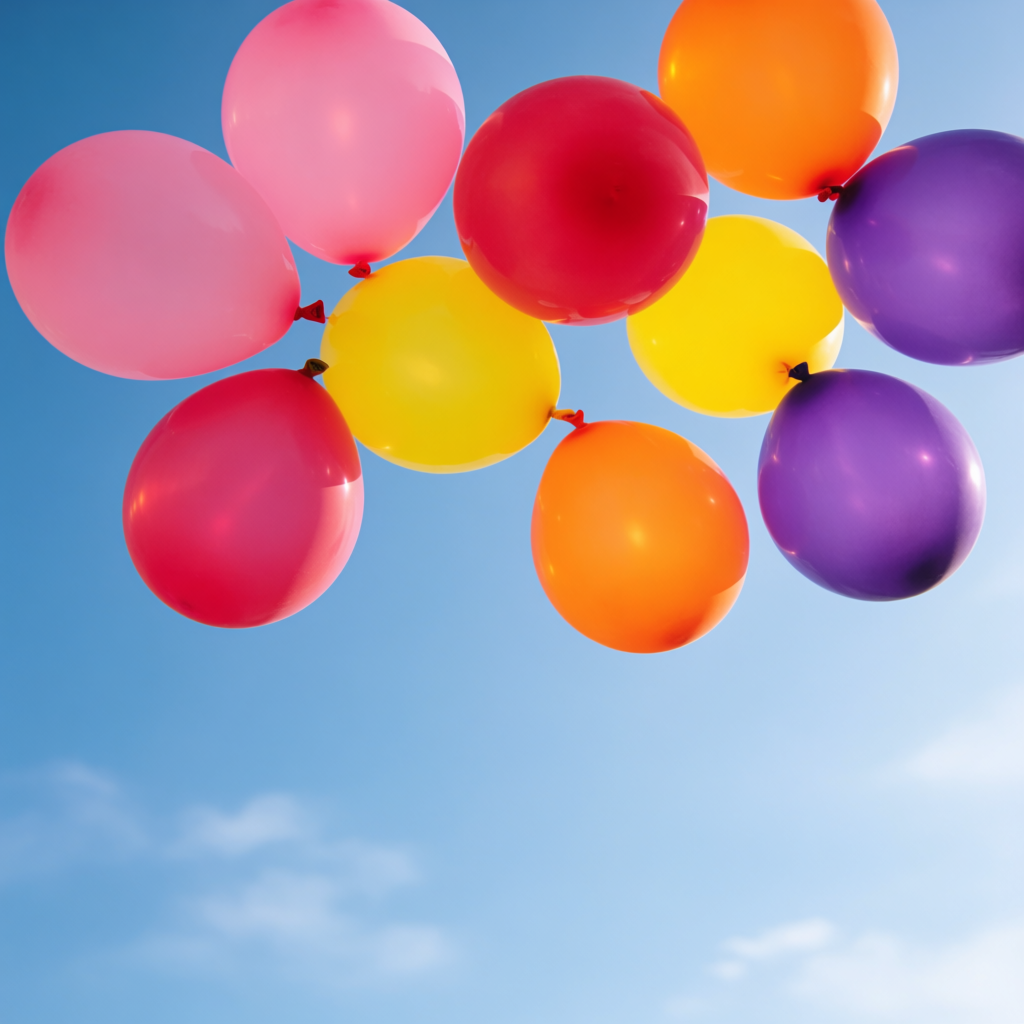 Exactly 11 colorful balloons floating against a clear blue s