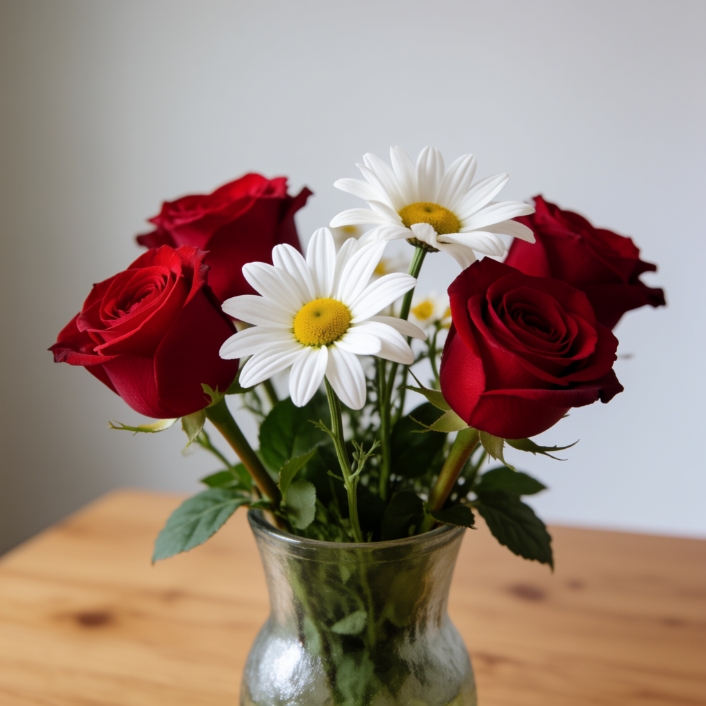 4 red roses and 2 white daisies in a glass vase on a table