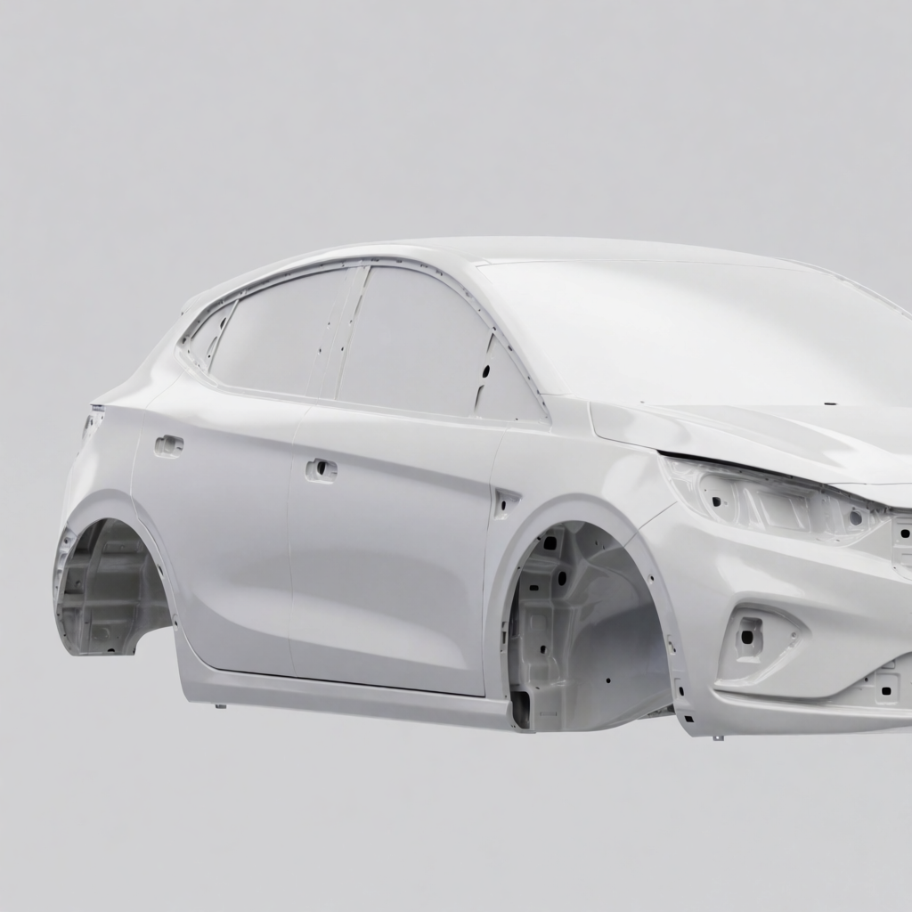 A car body with windows, doors, and headlights but no wheels